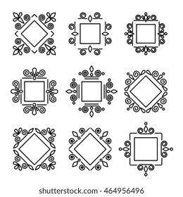 Set of line vector frames with native tribal, lace motives, geometric shapes. Elements for logo design, letter monogram, badge. 