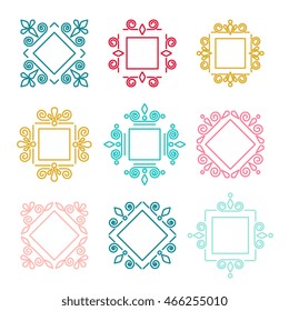 Set of line vector frames with native tribal, lace motives, geometric shapes. Elements for logo design, letter monogram, badge. 