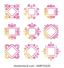 Set of line vector frames with native tribal, lace motives, geometric shapes. Elements for logo design, letter monogram, badge. 
