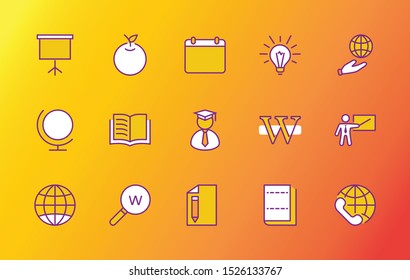 Set Line Vector Icon. Contains such Icons as Open Book, Teacher, Blackboard, Pointer, Web Globe, Directory, Search, Lamp, Calendar. Editable Stroke. 32x32 Pixel Perfect