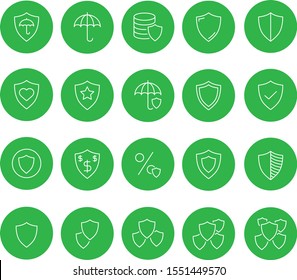 Set line of vector icons about protection and preservation. White icons in green circles. For presentations, websites, infographics, interfaces and labels.