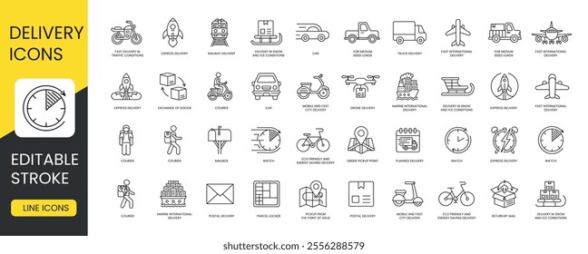 Set of line vector icons of delivery methods with editable stroke, express and return by mail, pickup from the point of issue and postal, energy saving and drone