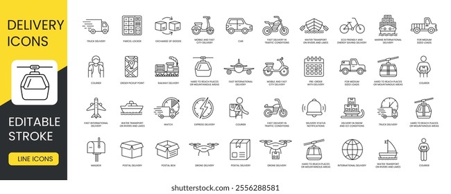 Set of line vector icons of delivery methods with editable stroke, postal box and express, status and notifications, international and pre order