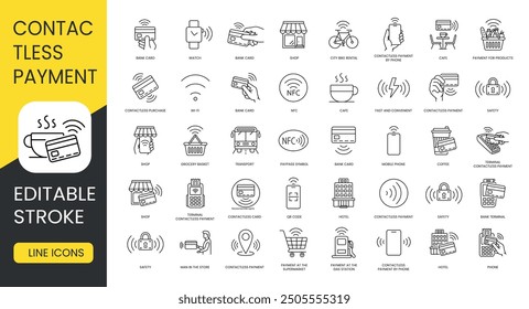 Set of line vector icons with editable stroke contactless payment, bank card and terminal, cafe and city bike rentals, coffee and contactless card and payment purchase, fast and convenient