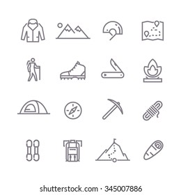 Set of line vector icons on the theme of Climbing, Trekking, Hiking, Mountaineering. Camping. Adventure.Extreme sports, outdoor recreation, adventure in the mountains, vacation. Line art. #2