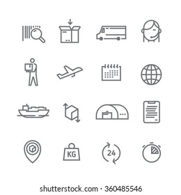 Set of line vector icons on the theme of Logistics, Warehouse, Freight, Cargo Transportation. Storage of goods, Insurance. Modern flat design.