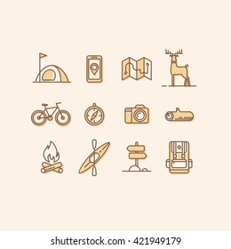 Set of line vector icons on the theme of hiking, vacation, camping, adventure, extreme sports, outdoor recreation.