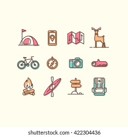 Set of line vector icons on the theme of hiking, vacation, camping, adventure, extreme sports, outdoor recreation.
