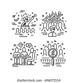 set of line vector icons, politics and society, business and personnel management, career growth