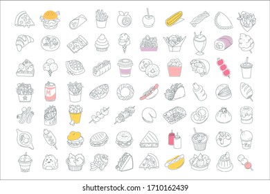 Set of line vector icons of street food and fast foods from different countries of the world. Images are adjustable and resizable.