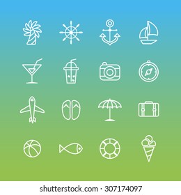 A set of line vector icons for summer vacation, background, pattern.
fish, tube, ice cream, ball, juice, camera, compass, cocktail, sandal, umbrella, bag, air plane, rubber, anchor, boat, palm tree.