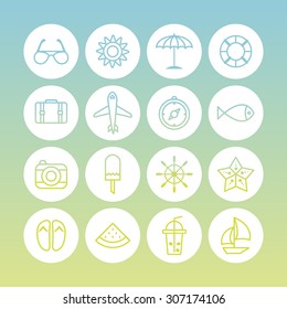 A set of line vector icons for summer vacation, background, pattern.
umbrella, tube, sunglasses, sun, juice, boat, sandal, melon, compass, fish, bag, air plane, rudder, star, camera, ice cream.