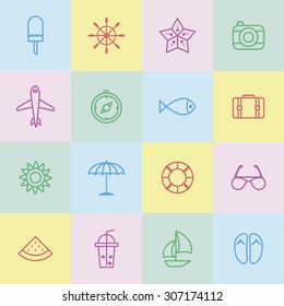 A set of line vector icons for summer vacation, background, pattern.
umbrella, tube, sunglasses, sun, juice, boat, sandal, melon, compass, fish, bag, air plane, rudder, star, camera, ice cream.