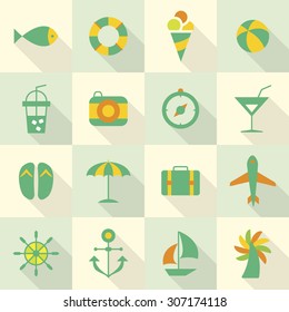 A set of line vector icons for summer vacation, background, pattern.
fish, tube, ice cream, ball, juice, camera, compass, cocktail, sandal, umbrella, bag, air plane, rubber, anchor, boat, palm tree.