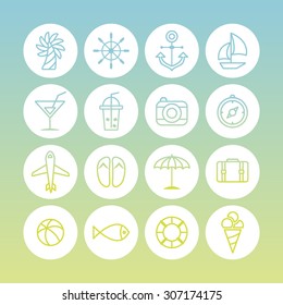 A set of line vector icons for summer vacation, background, pattern.
fish, tube, ice cream, ball, juice, camera, compass, cocktail, sandal, umbrella, bag, air plane, rubber, anchor, boat, palm tree.