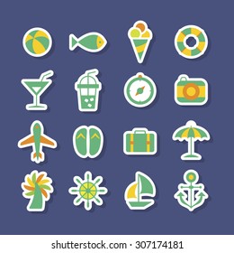 A set of line vector icons for summer vacation, background, pattern.
fish, tube, ice cream, ball, juice, camera, compass, cocktail, sandal, umbrella, bag, air plane, rubber, anchor, boat, palm tree.