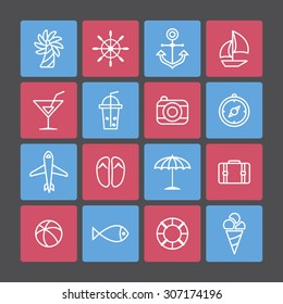 A set of line vector icons for summer vacation, background, pattern.
fish, tube, ice cream, ball, juice, camera, compass, cocktail, sandal, umbrella, bag, air plane, rubber, anchor, boat, palm tree.