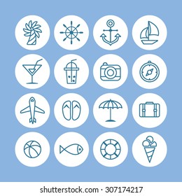 A set of line vector icons for summer vacation, background, pattern.
fish, tube, ice cream, ball, juice, camera, compass, cocktail, sandal, umbrella, bag, air plane, rubber, anchor, boat, palm tree.