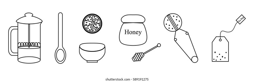 Set of line vector icons, tools for afternoon tea making ceremony: teabag, french press, teapot, strainer and other.