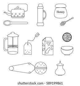 Set of line vector icons, tools for afternoon tea making ceremony: teabag, french press, teapot, strainer and other.