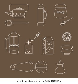 Set of line vector icons, tools for afternoon tea making ceremony: teabag, french press, teapot, strainer and other.