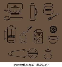 Set of line vector icons, tools for afternoon tea making ceremony: teabag, french press, teapot, strainer and other.
