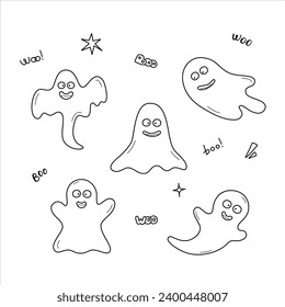 Set of line vector illustrations of funny haloween ghosts.