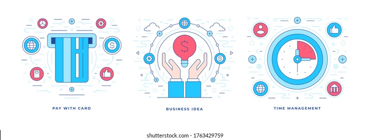 Satz von Linie Vektorgrafiken grafische Entwürfe von modernen Lösungen für erfolgreiche Unternehmen mit bunten Symbolen für Social Media Marketing-Banner erstellt. Designvorlage für linearen Stil.