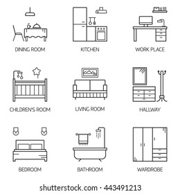 Set of line vector interior design room types icons. Linear style illustrations. Living room, kitchen, bedroom, children's room, bathroom, dining room, work place, hallway, wardrobe.