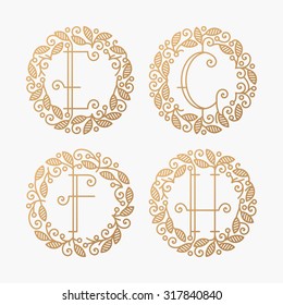 Set of line vector monograms, golden latin letters with floral frame - E, F, G, H. 