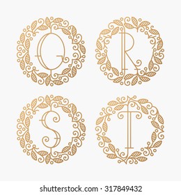 Set of line vector monograms, golden latin letters with floral frame - Q, R, S, T. 
