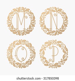 Set of line vector monograms, golden latin letters with floral frame - M, N, O, P. 