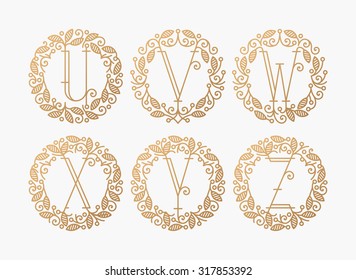 Set of line vector monograms, golden latin letters with floral frame - U, V, W, X, Y, Z. 