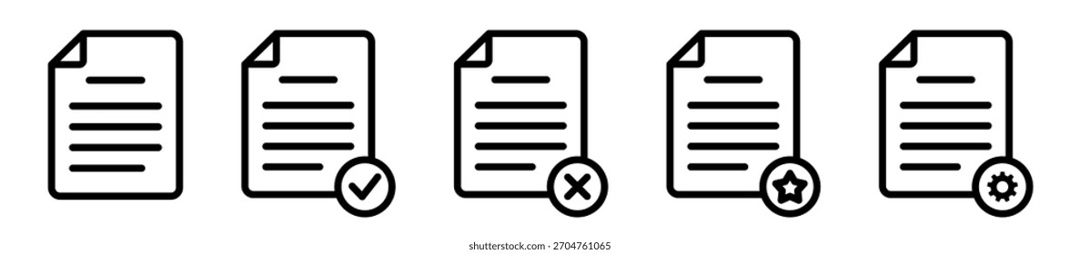 Conjunto de iconos de esquema de Vector de línea para el Estado del documento: archivo en blanco, verificado (Comprobar), rechazado (Cruz), importante (Estrella) y Actualizar o Configuraciones (Engranaje). Gráficos esenciales para el Web y el App móvil