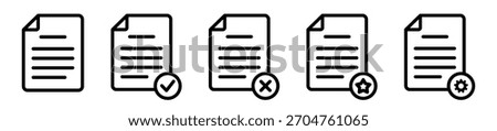 Set of line vector outline icons for document status: Blank File, Verified (Check), Rejected (Cross), Important (Star), and Update or Settings (Gear). Essential graphics for web and mobile app