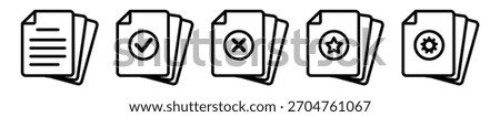 Set of line vector outline icons for a large document archive: Blank Files, Verified (Check), Rejected (Cross), Important (Star), and Update or Settings (Gear). Essential graphics for heavy content