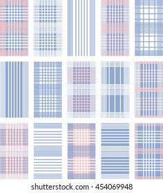 Set of line Vector seamless pattern.Pink, white and blue background. Trendy color Rose Quartz and blue serenity. Checkered.