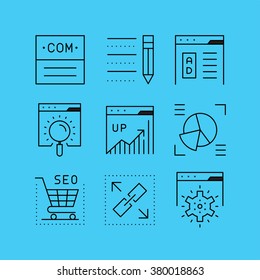 Set of line vectors icons in the flat style. Advertising and public relations, search engine optimization, website promotion.