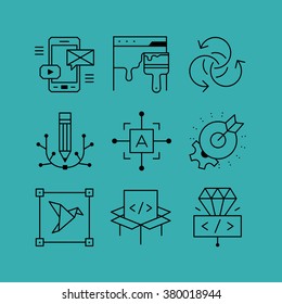Set of line vectors icons in the flat style. Programming and design, site redesign, mobile apps, digital art.