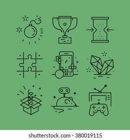 Set of line vectors icons in the flat style. Game design, skills and resources, video games,logical thinking, strategy development.