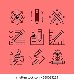 Set of line vectors icons in the flat style. The pencil tool, creative professional content creation, proofreading and editing, art and design.