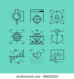 Set of line vectors icons in the flat style. Social networking, search engine optimization, web technologies.