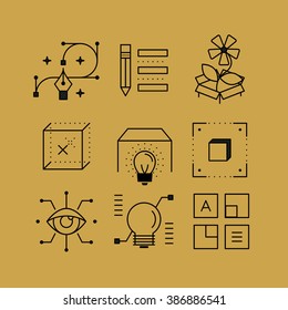 Set of line vectors icons in the flat style. Visual art, design technology, vector graphics, layout of the website.
