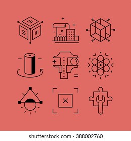 Set of line vectors icons in the flat style. Structural Engineering, creative technology, 3D design.