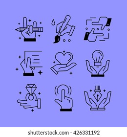 Set of line vectors icons in the flat style. Paintings and drawings, creative tools, hands and creativity.