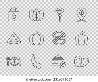 Set line Vegan food diet, Potato, Eggplant, Shopping bag with recycle, Pumpkin, Organic cosmetic and Bell pepper icon. Vector