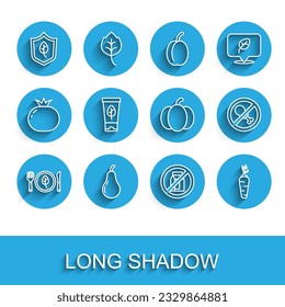 Set line Vegan food diet, Pear, No pack of milk, Carrot, Organic cosmetic, meat and Pumpkin icon. Vector