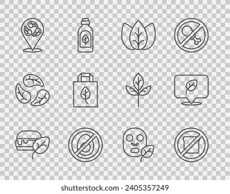 Set line Vegan food diet, Gluten free grain, Leaf or leaves, No meat, Shopping bag with recycle, Facial cosmetic mask and  icon. Vector