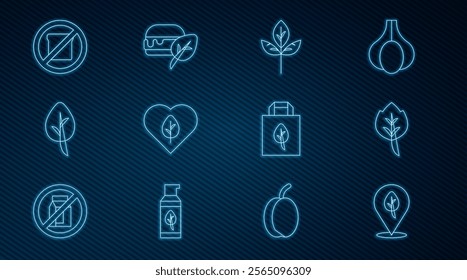 Set line Vegan food diet, Leaf or leaves, Gluten free grain, Shopping bag with recycle and  icon. Vector