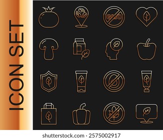 Set line Vegan food diet, Organic cosmetic, Apple, No GMO, milk, Mushroom, Tomato and Human head with leaf inside icon. Vector